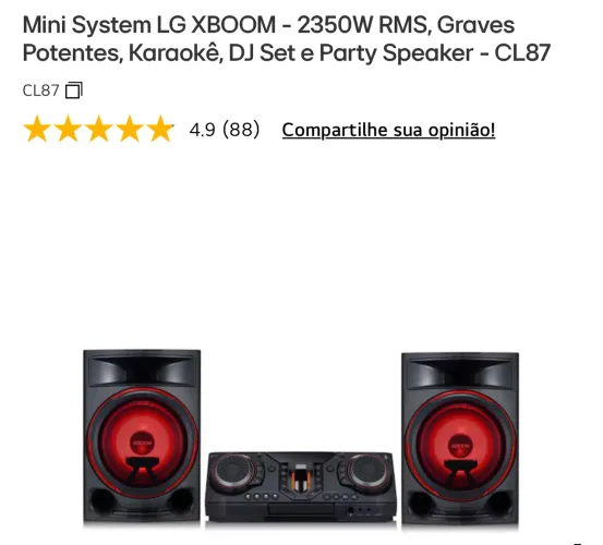 Mini System LG XBOOM - 2350W RMS, Graves Potentes, Karaokê, DJ Set e Party Speaker - CL87