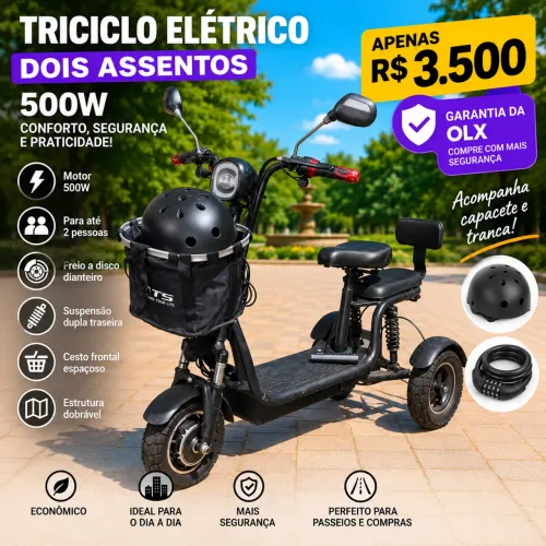 Triciclo Elétrico 500W 2 Lugares + Capacete e Tranca