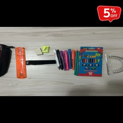 Kit Escolar Estojo, régua, grampiador, borracha, apontador, canetas, grifatextos, e mais..