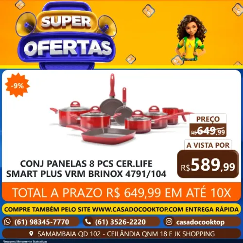CONJUNTO DE PANELAS 8 PEÇAS CERAMIC LIFE SMART PLUS VERMELHO BRINOX 4791/104