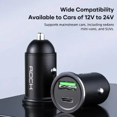 Carregador Veicular Ultra Rápido Duplo Rock H13 4.8a PD 20w USB + USB-C Turbo