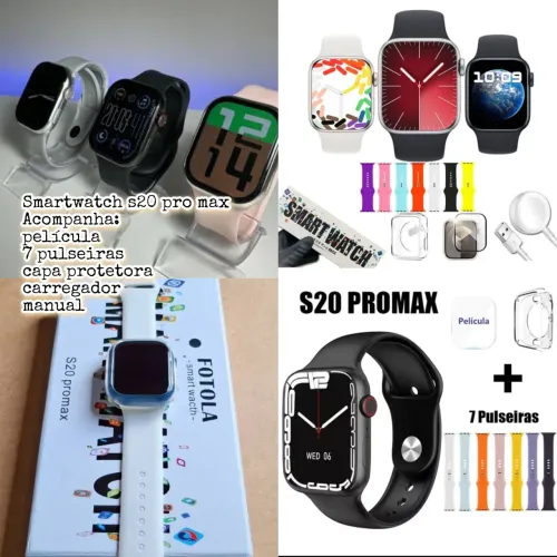 Smartwatch s20 pro max Acompanha 7 pulseiras película capa protetora carregador manual 