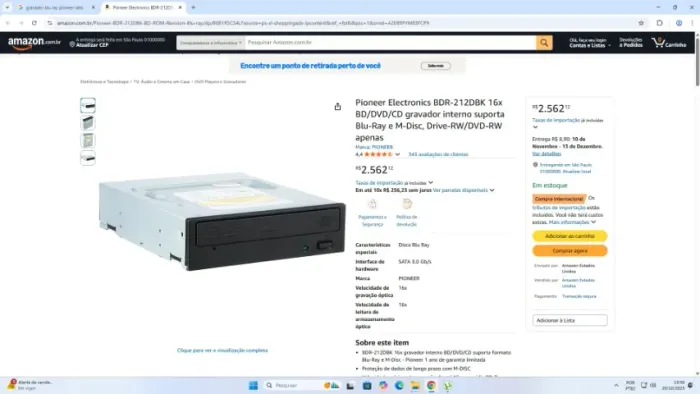 Gravador de bluray Pioneer Electronics BDR-212DBK sata