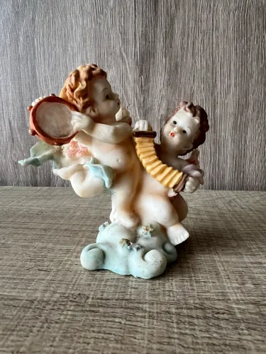 Escultura Vintage 2 Anjos sob Nuvens tocando pandero acordeão típico italianas Capodimonte