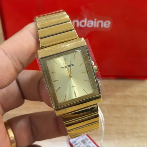 Relógio dourado quadrado unissex mondaine luxo original garantia de 1 ano