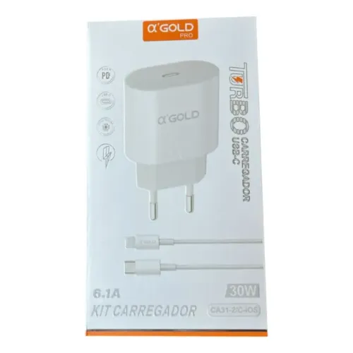 Carregador iPhone Lightning Turbo 30W Fonte e Cabo 6.0A A'Gold CA31-2