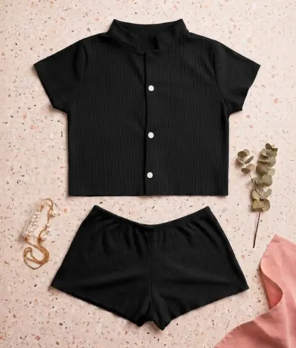 Baby Doll Americano Canelado Preto