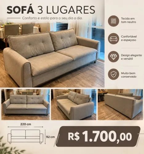 SOFÁ TECIDO EM LINHO 220x92 cm