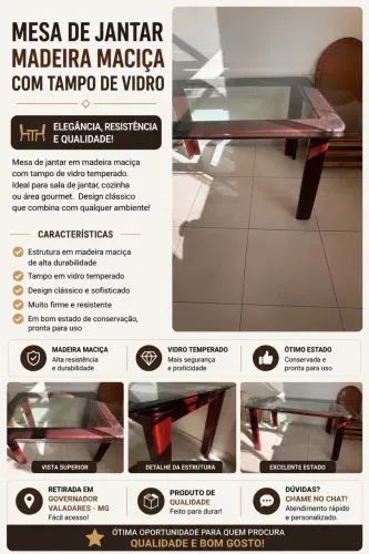? Mesa de Jantar em Madeira Maciça com Tampo de Vidro - Linda e Resistente