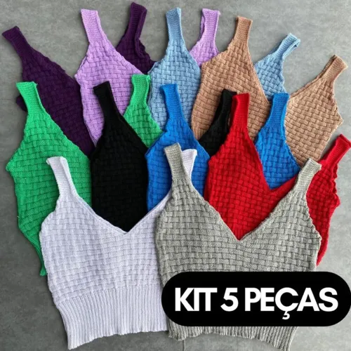 KIT 5 PEÇAS Cropped Top Alcinha Tijolinho moda tricot feminino blogueira combo tricô
