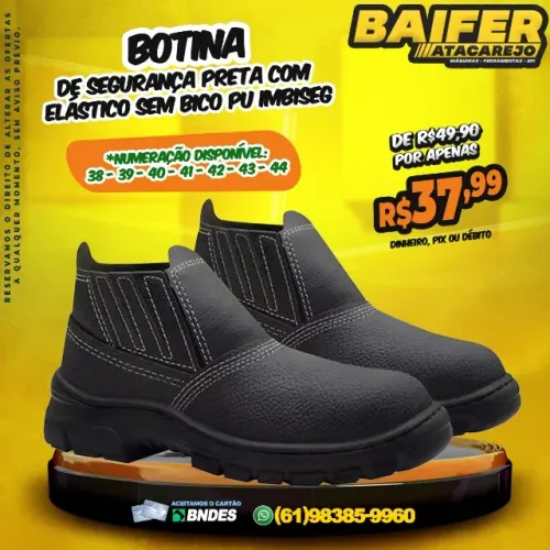 Botina de Segurança Preta Com Elástico Sem Bico PU Imbiseg