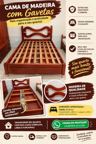 Cama casal viúva de madeira maciça com 4 gavetas ...... Aceito cartão
