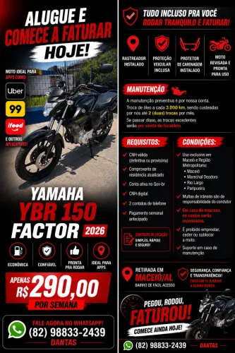 SEM CAUÇÃO - ALUGUEL DE MOTO YAMAHA FACTOR 150 - COMPLETA E PRONTA PRA TRABALHO