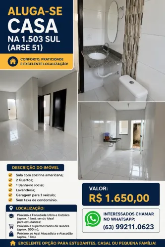ALUGA-SE CASA NA 1.503 SUL (ARSE 51)