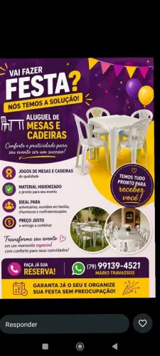 Aluguel de mesas e cadeiras para Eventos 