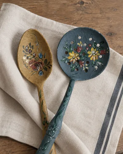 Par de Colheres Decorativas Antigas de Toleware / Bauernmalerei (Anos 60/70)