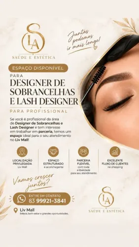 ESPAÇO DISPONÍVEL PARA DESIGNER DE SOBRANCELHAS E LASH DESIGNER