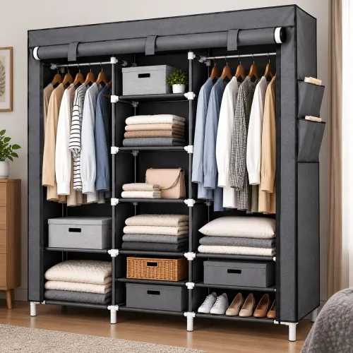 Guarda-Roupa Portátil Cinza com Cabideiro e Prateleiras