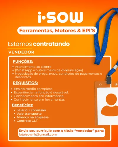 CONTRATA-SE VENDEDOR INTERNO IMEDIATO
