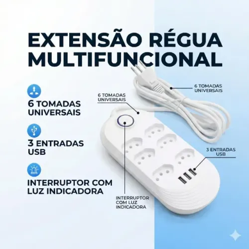 Extensão Régua com 6 Saídas 3 Entradas USB OI-TO120
