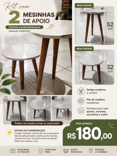 Kit 2 Mesinhas de Apoio Redondas (Branca/Madeira) - Ótimo Estado!