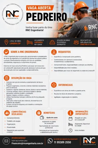 Contrata- se pedreiro para trabalhar em Limeira São Paulo