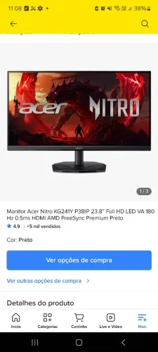 Monitor acer 23 180hz e 0.5ms