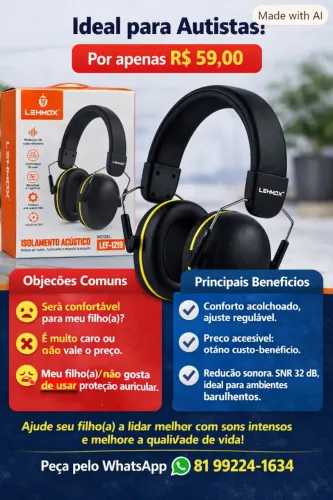 Abafador de Ruído Infantil - Ideal para Autistas | SNR 32 dB | Confortável e Ajustável