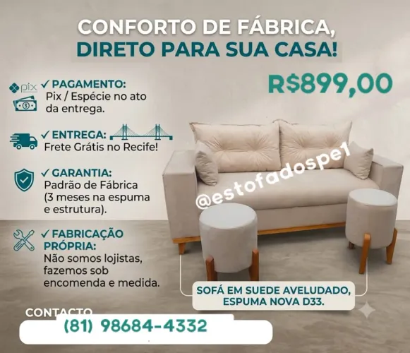 Sofá retrô (fixo) 2 metros em suede aveludado 
