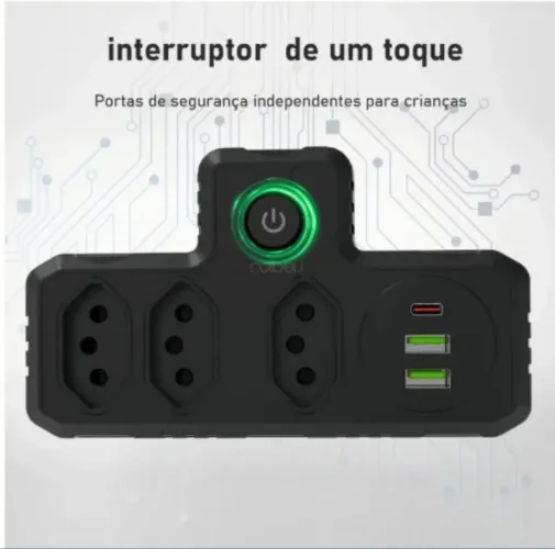 ADAPTADOR DE TOMADA COIBEU 3 TOMADAS + USB E USB-C COM INTERRUPTOR LIGA/DESLIGA