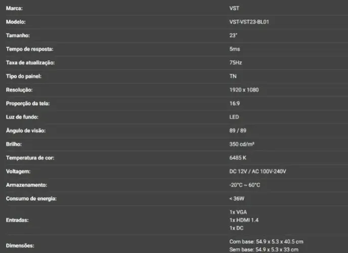 Monitor VST 23, 23 Pol, FHD, 5ms, 75Hz
