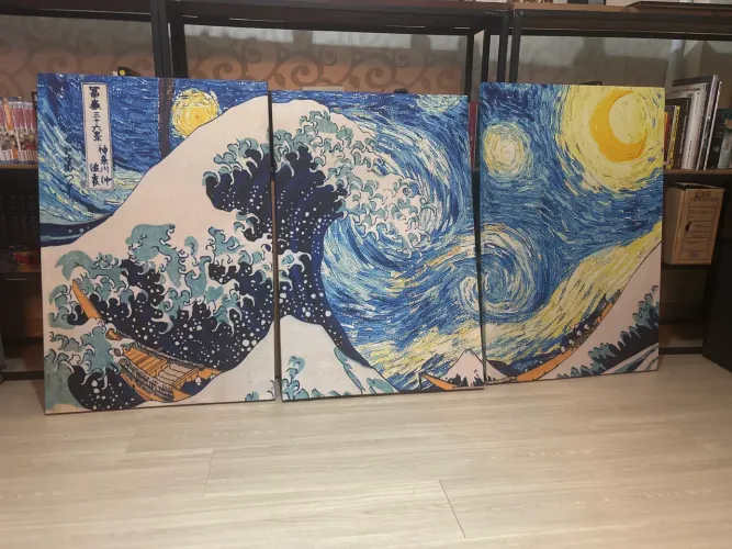 3 Quadros ondas de kanagawa e noite estrelada 120 x 80