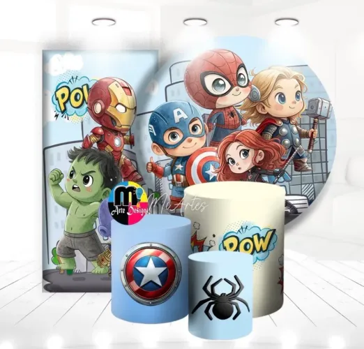 PAINEL REDONDO E LATERAL + CAPAS CILINDROS TECIDO SUBLIMADO VINGADORES CUTE
