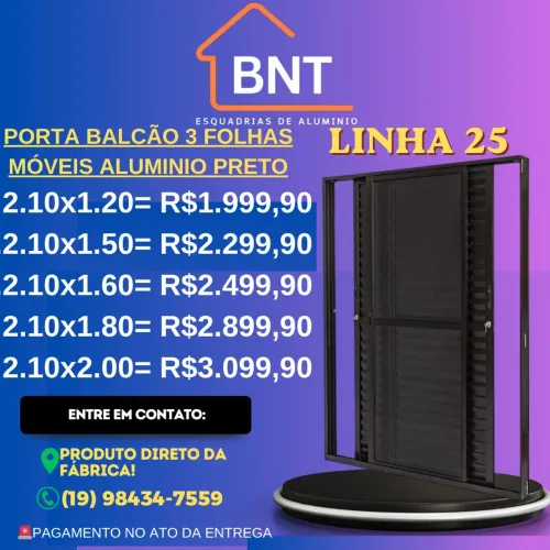 PORTA BALCÃO 3 FOLHAS MÓVEIS ALUMINIO PRETO 2.10X1.50 (Linha 25)