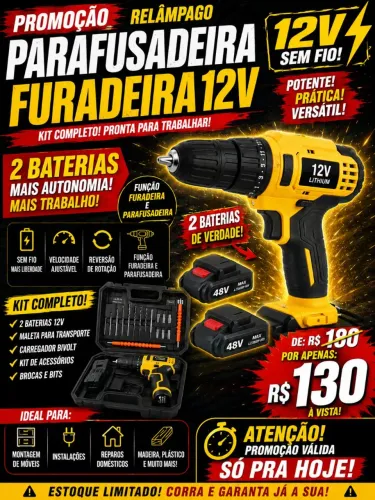 KIT PARAFUSADEIRA /FURADEIRA 12V + 2 BATERIAS + ACESSÓRIOS + MALETA