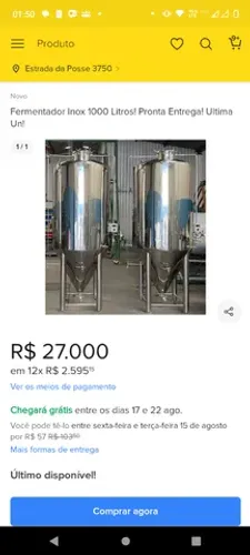 Fermentador inox. Aço 304 - Novo - Retirada - Preço 25 mil.