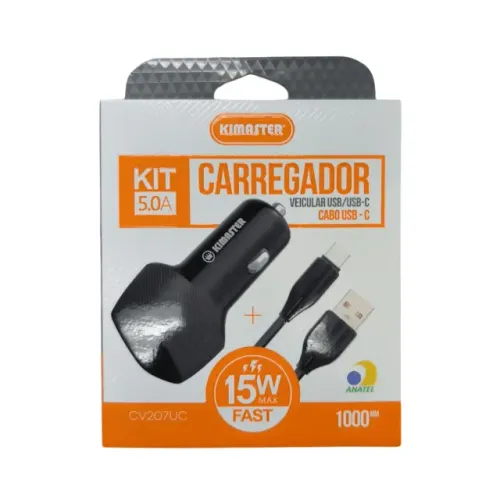 Kit Carregador Veicular + Cabo Tipo-C 15W CV207UC - Kimaster COD: 3966