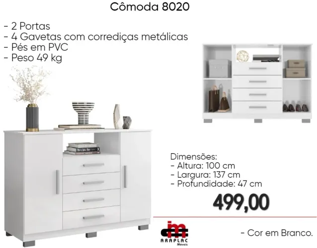 Cômoda 8020 - 4 Gavetas - Branco - Nova FRETE GRÁTIS