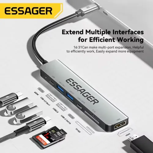 Hub Adaptador USB-C Essager - 7em 1 Expansão de Portas e Eficiência