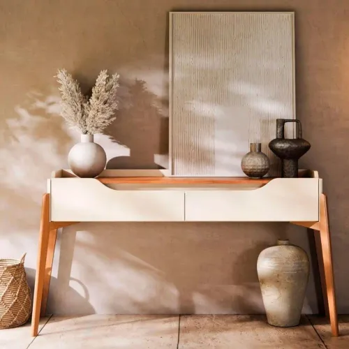 Aparador Imcal Studio 2 Gavetas Com Pés em Madeira Maciça Off White / Nature <br>