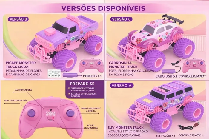 CARRINHO DE CONTROLE REMOTO PRESENTE PARA MENINAS RECARREGÁVEL 3 OPÇÕES DE MODELOS