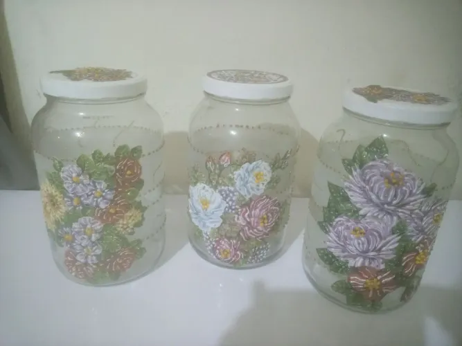 Conjunto Biscoiteiras de Vidro pintados de forma artesanal com decalque.