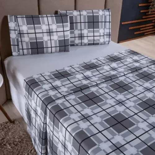 Jogo de Lençol Xadrez Cinza Solteiro 4 peças