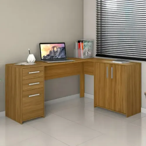 "Praticidade e Estilo: Escrivaninha em L Notável para Computador, com 3 Portas e 2 Gavetas