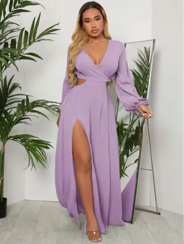 Vestido Longo Lilás com Fenda e Detalhes