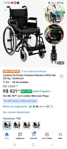 Cadeira de rodas nova de 820 reais para 550 reais