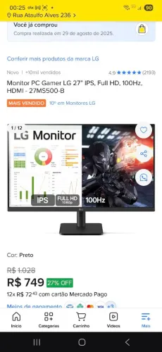Monitor PC gamer LG 27 27ms500 ips 100hz fulano hd hdmi 2x
