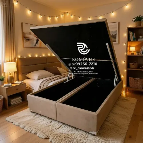 Cama Box Baú Casal 1,38x1,88 Bipartido Pistão a Gás Suede Bege Durável