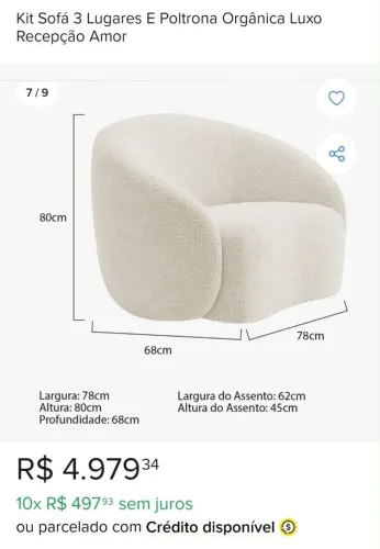 SOFÁ DE 3 LUGARES + POLTRONA FORMATO ORGÂNICO - COR BEGE CLARO