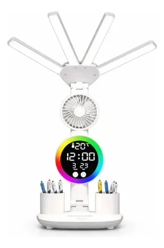 Lâmpada Led De Mesa Usb De 4000mah Com Ventilador, Relógio, alarme e porta canetas